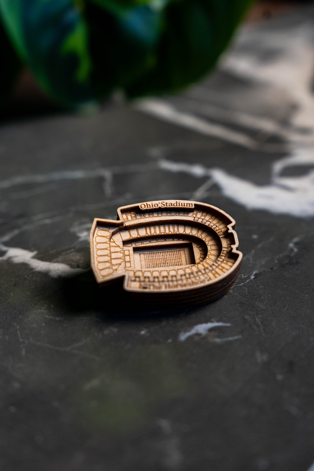 Layered 3D Ohio Stadium keepsake on a marble table